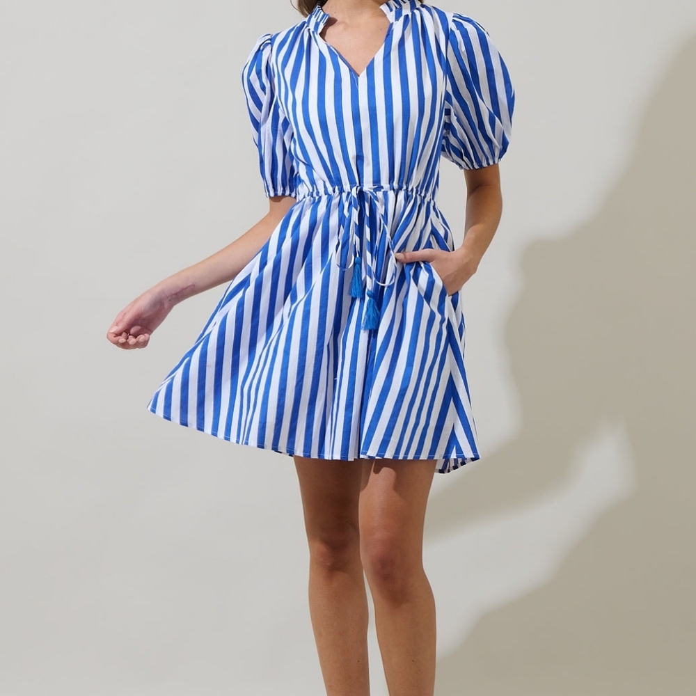 Sugarlips Bey Stripe Susan Mini Dress in Blue White Stripe Size M New